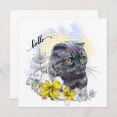 Hand drawing funny Black brittish cat with flowers (Front/Back)
