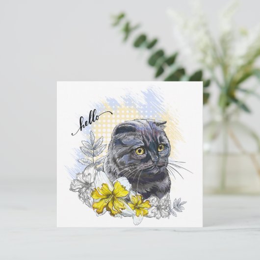 Hand drawing funny Black brittish cat with flowers (Standing Front)