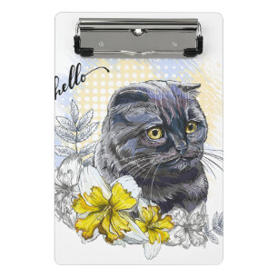 Hand drawing funny Black brittish cat with flowers Mini Clipboard