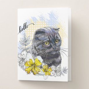 Hand drawing funny Black brittish cat with flowers Pocket Folder