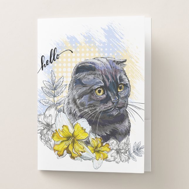 Hand drawing funny Black brittish cat with flowers Pocket Folder (Front)
