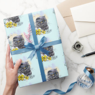 Hand drawing funny Black brittish cat with flowers Wrapping Paper