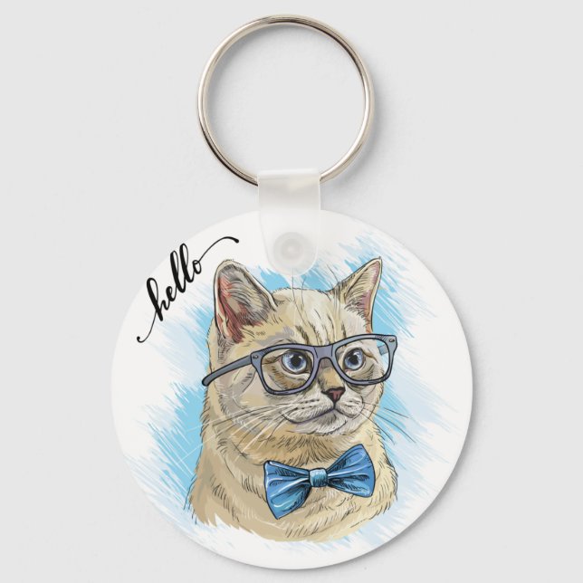 Hand drawing funny British cat in glasses Throw Pi Keychain (Front)