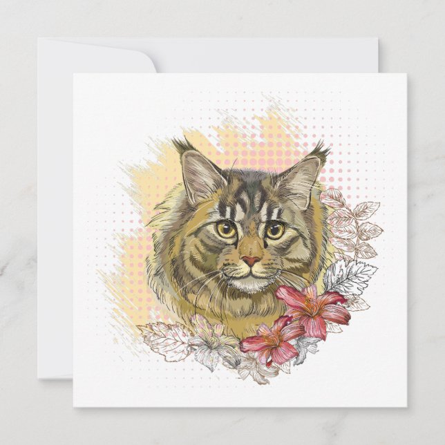 Hand drawing funny cute Maine coon with flowers (Front)