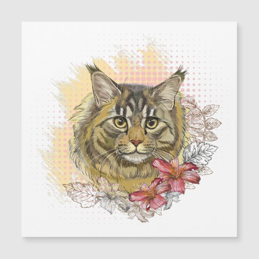 Hand drawing funny cute Maine coon with flowers (Front)
