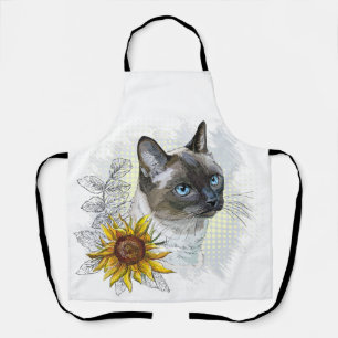 Hand drawing funny cute thai cat with flowers apron