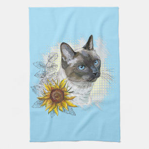 Hand drawing funny cute thai cat with flowers kitchen towel