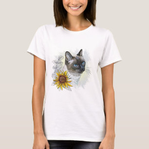 Hand drawing funny cute thai cat with flowers T-Shirt