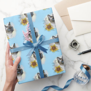 Hand drawing funny cute thai cat with flowers wrapping paper