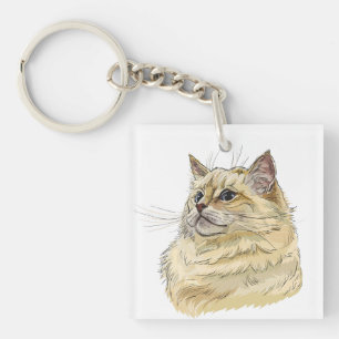 Hand drawing funny fluffy Ragdoll cat Keychain