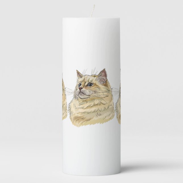 Hand drawing funny fluffy Ragdoll cat Pillar Candle (Front)