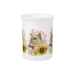 Hand drawing funny Red Ragdoll cat with flowers Beverage Pitcher