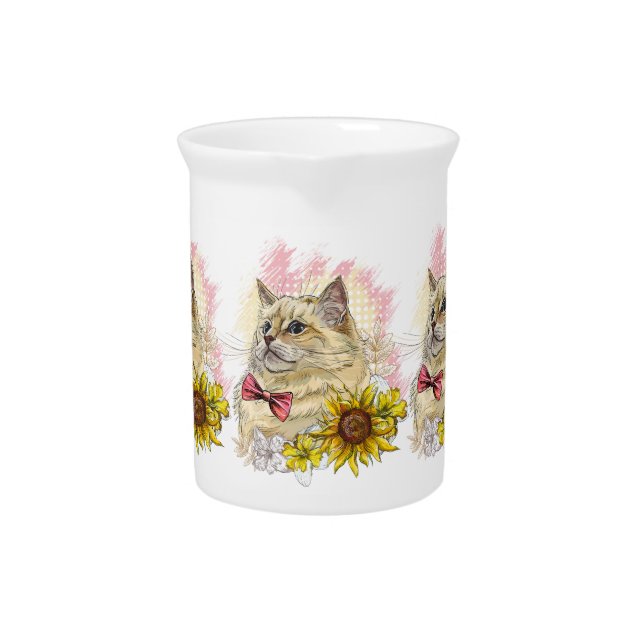Hand drawing funny Red Ragdoll cat with flowers Beverage Pitcher (Front)