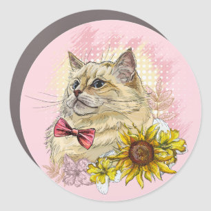 Hand drawing funny Red Ragdoll cat with flowers Car Magnet