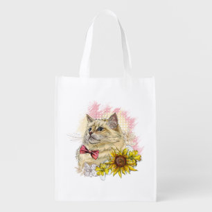 Hand drawing funny Red Ragdoll cat with flowers Grocery Bag