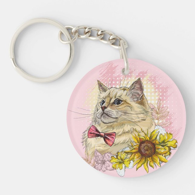 Hand drawing funny Red Ragdoll cat with flowers Keychain (Front)