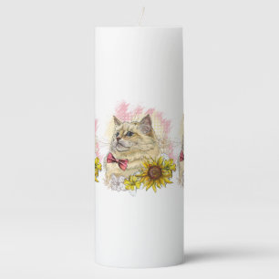 Hand drawing funny Red Ragdoll cat with flowers Pillar Candle