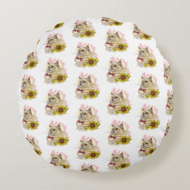 Hand drawing funny Red Ragdoll cat with flowers Round Pillow (Front)