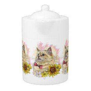 Hand drawing funny Red Ragdoll cat with flowers Teapot
