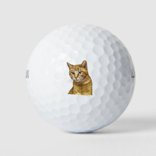 Hand drawing funny red tabby cat golf balls