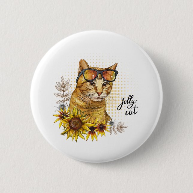Hand drawing funny red tabby cat in glasses with s button (Front)