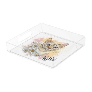 Hand drawing funny snow bengal cat with camomiles  acrylic tray