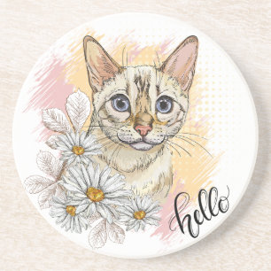 Hand drawing funny snow bengal cat with camomiles coaster