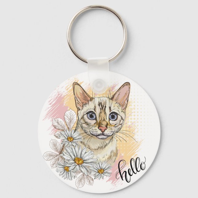 Hand drawing funny snow bengal cat with camomiles  keychain (Front)