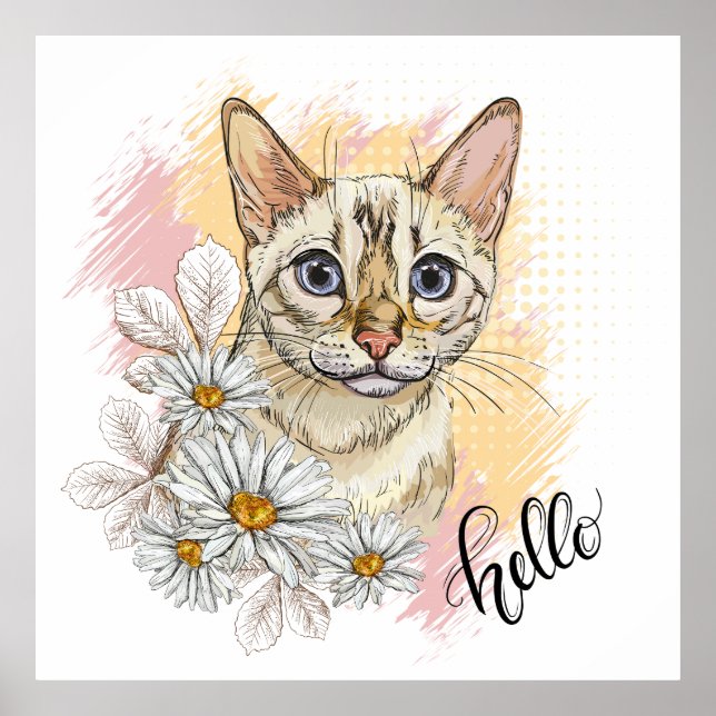Hand drawing funny snow bengal cat with camomiles  poster (Front)