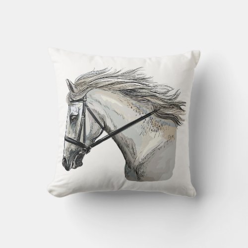 Hand drawing horse with a bridle throw pillow