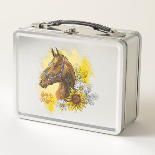 Hand drawing horse with plants and flowers metal lunch box