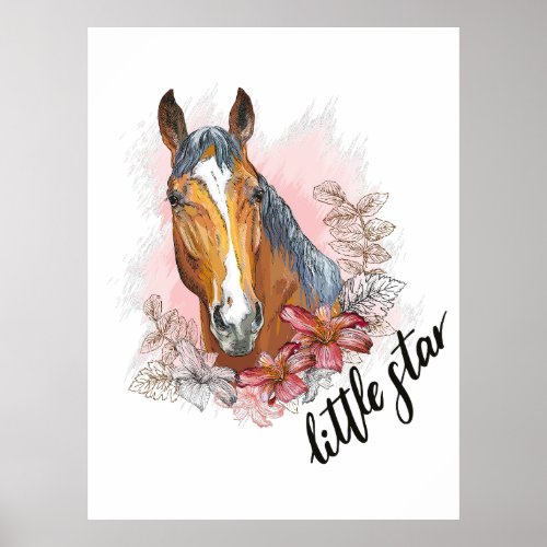 Hand drawing horse with plants and flowers T_Shirt Poster