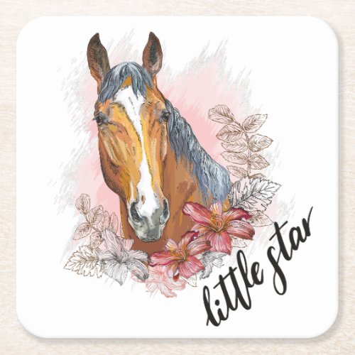 Hand drawing horse with plants and flowers T_Shirt Square Paper Coaster
