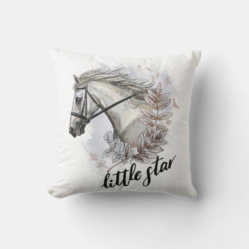 Hand drawing horse with plants throw pillow