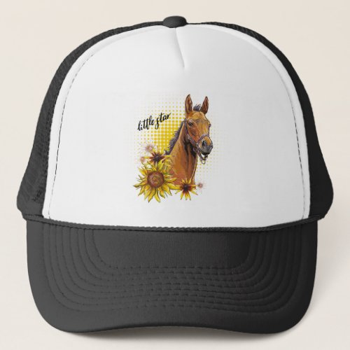 Hand drawing horse with sunflowers trucker hat