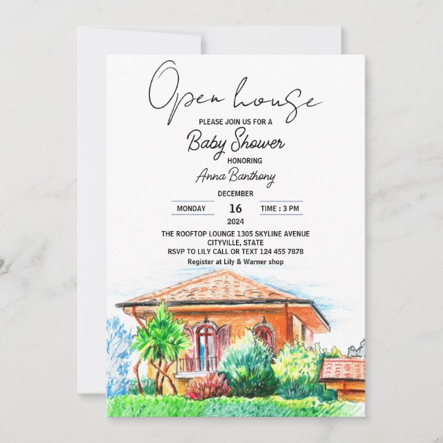  hand drawing open house baby shower invitation (Front)