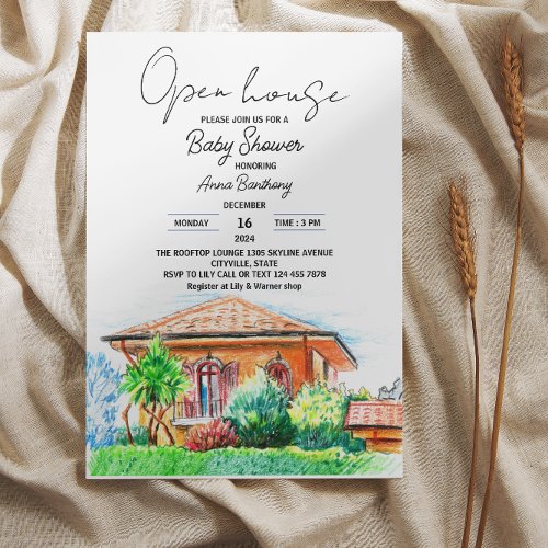  hand drawing open house baby shower invitation