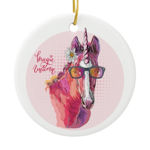Hand drawing pink Unicorn T-Shirt Keychain Ceramic Ornament