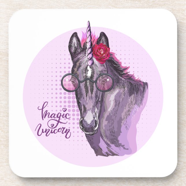 Hand drawing purple Unicorn Throw Pillow Beverage Coaster (Front)