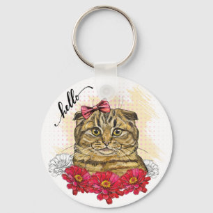 Hand drawing Scottish fold cat with red flowers To Keychain