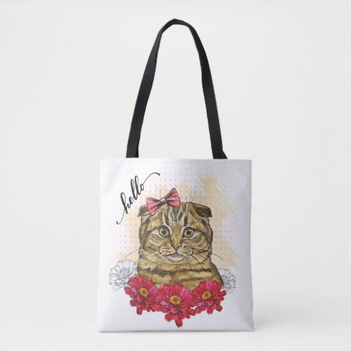 Hand drawing Scottish fold cat with red flowers To Tote Bag