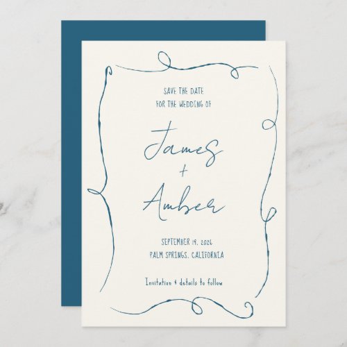Hand drawing squiggly lines teal blue wedding save the date