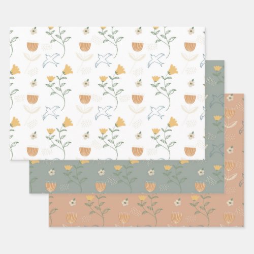 Hand Drawing Wild Flowers And Birds Pattern Wrapping Paper Sheets