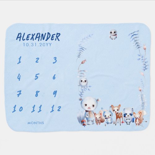 Hand Drawing Woodland Animals Milestones Blue Boy Baby Blanket