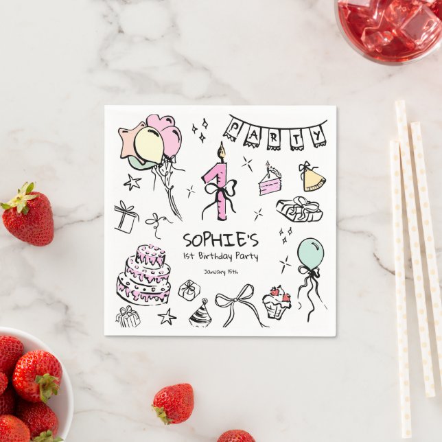 Hand Drawn 1st Birthday Napkins (Insitu)