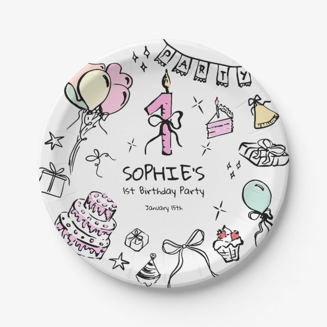 Hand Drawn 1st Birthday Paper Plates (Front)