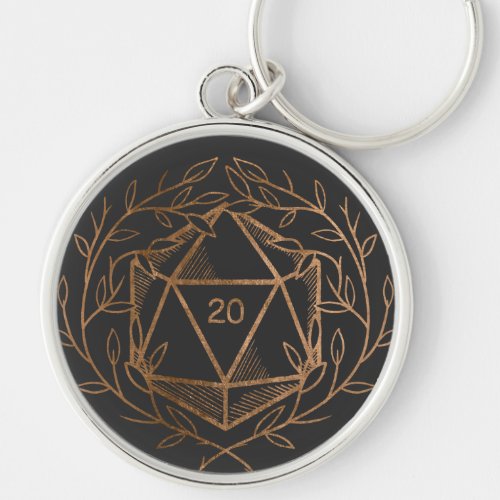 Hand Drawn 20 Sided Dice Game Black Gold Keychain