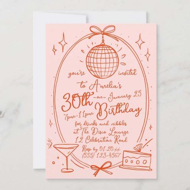Hand Drawn 30th Birthday Invite Disco (Front)