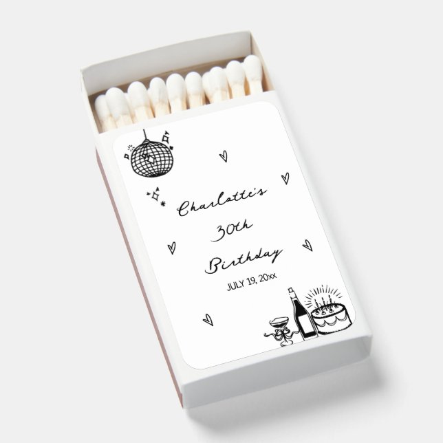 hand drawn 30th disco ball Birthday Party Favor Matchboxes (Front Open)