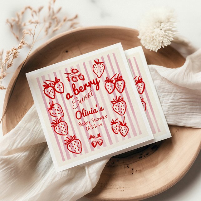 Hand Drawn A Berry Sweet Strawberries Baby Shower Napkins (Creator Uploaded)
